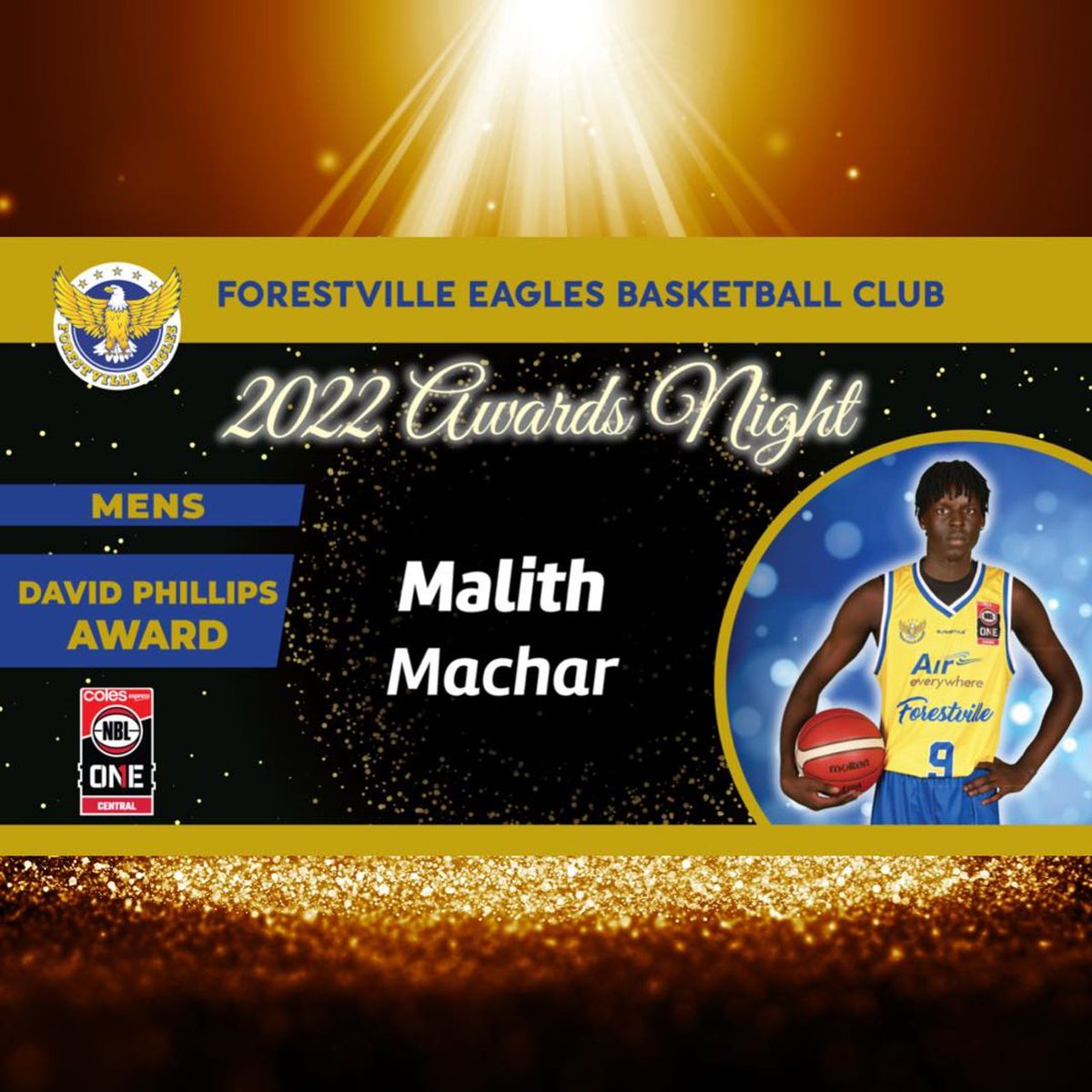 CONGRATULATIONS to Malith Machar - our 2022 NBL1 Air Everywhere Eagles Men’s DAVE PHILLIPS AWARD recipient. 
Well done on a great year Malith!
🦅💙💛🏀 #WeTheVille #ForestvilleFamily #NBL1Central #Flight9 
📸: AllStar Photos