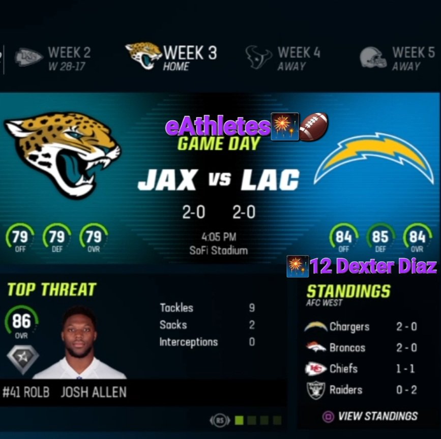 eAthletes_eNFL's tweet photo. eAthletes🎆|#Madden23
#SundayFootball🎆🏈|🎦twitch
🏈 Jacksonville Jaguars @ LA Chargers

🎆 12 Dexter Diaz (LAC)
⏰ in 3️⃣0️⃣ minutes‼️
📺 https://t.co/BCObcszsMs

#NFLTwitter SZN5️⃣.3 #eSports
#DUUUVAL #BoltUp 
@EsportsTweeter @The_eAthletes
#Football #Jacksonville #LosAngeles https://t.co/PUfO8Fpm7g