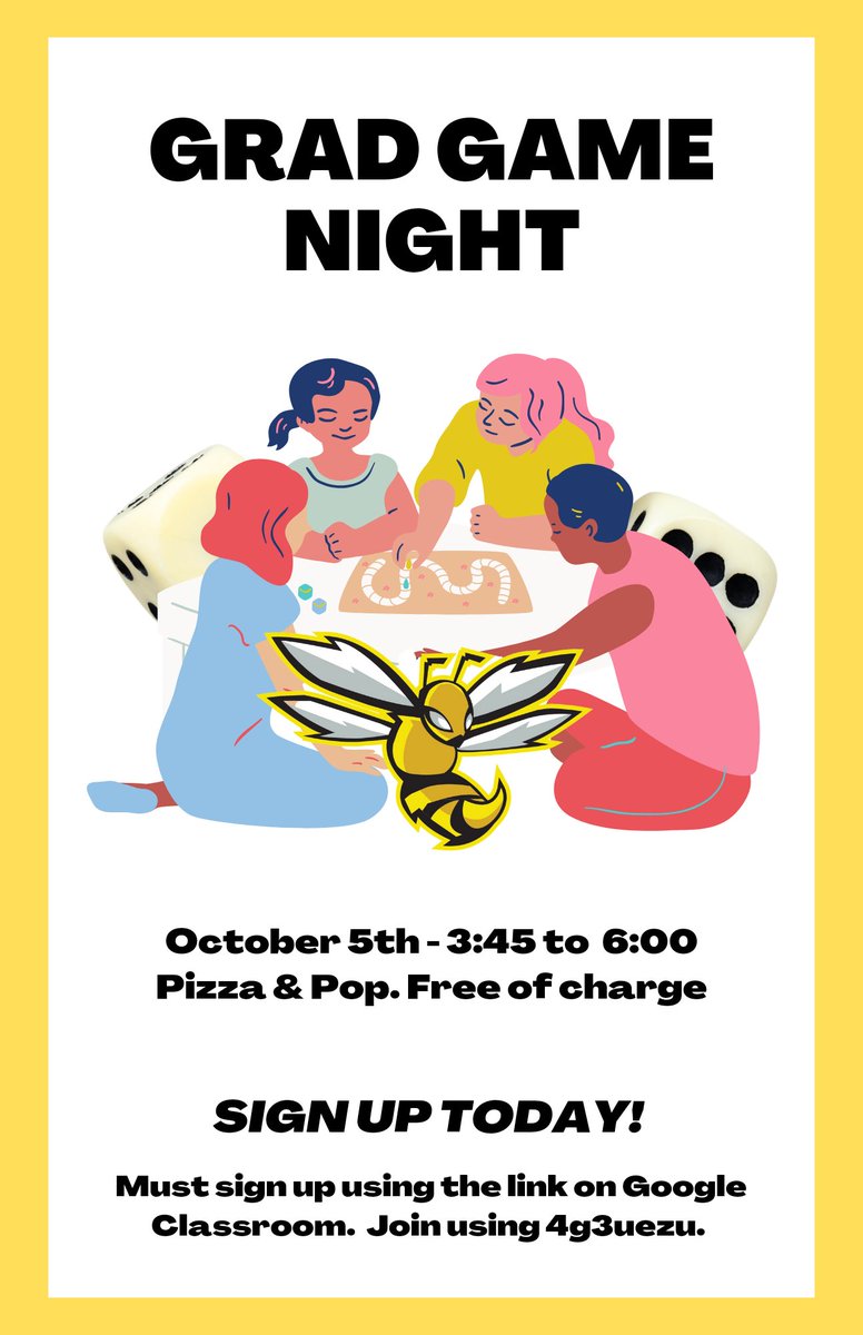 Grad Game Night, October 5, 3:45 to 6:00. Enjoy an afternoon of fun with your 2023 graduates! Admission is free. Pizza and pop will be provided. You must register in order to attend. Register now by completing the form on the Google Classroom page. Code 4g3uezu. #tecvoc