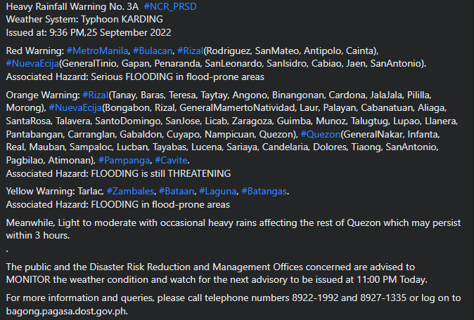 dost_pagasa's tweet photo. Heavy Rainfall Warning No. 3A  #NCR_PRSD
Weather System: Typhoon KARDING
Issued at: 9:36 PM,25 September 2022 https://t.co/B7J9z5fDGx