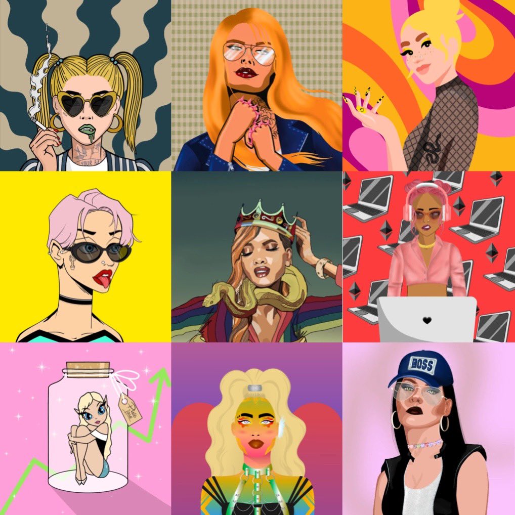 thecoingirl's tweet photo. Forever bullish on #womeninweb3 💪

A few of my favourite ladies that I own ❤️
@RebelSocietyNFT @WomenandWeapons @MyBFF @fame_ladies @YearoftheWoman_ @CryptoTechWomen @PixieJarsNFT @worldofwomennft @BossBabesNFT #NFTs https://t.co/ONu1YRGG3P