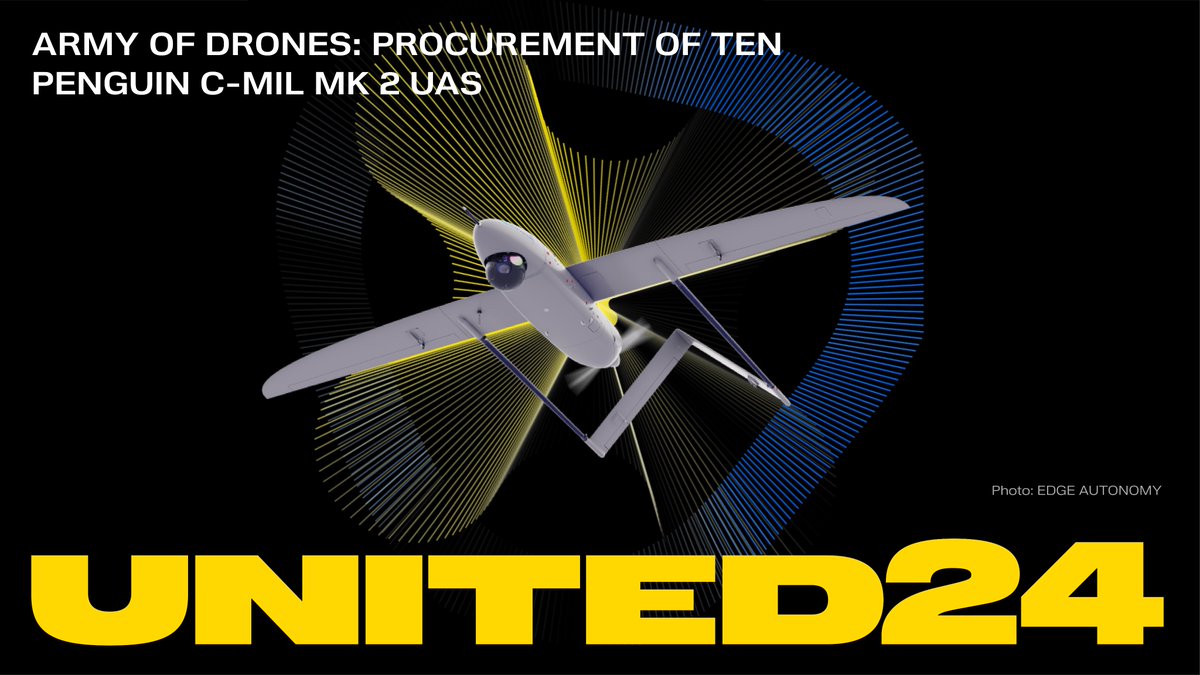 U24_gov_ua's tweet photo. 10 sets of durable PENGUIN C-MIL Mk 2 UAS, worth 650,998,410 UAH, have joined the ranks of the #ArmyOfDrones
Thanks to the funds we've received, our Armed Forces will receive UAV devices, capable of being in flight for 25 hours under any weather conditions.
#ArmUkraineNow https://t.co/yJhsfknBrK