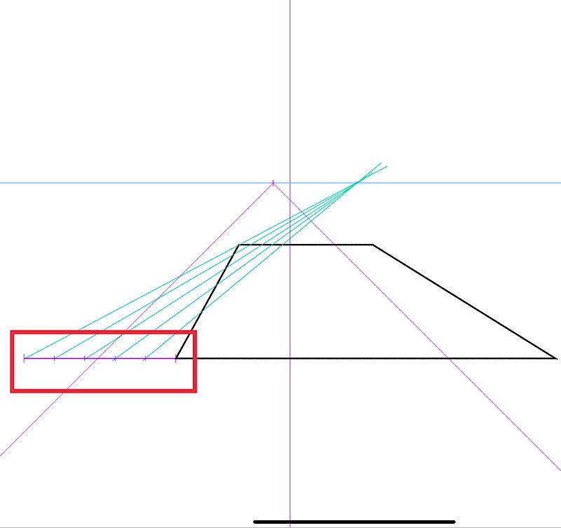 等分割直線定規は、等分割したいパース線の端に接してアイレベルと平行になっていれば、パース線のどちらに置いても大丈夫です。作業しやすい角度になる位置に置いてください
等分割直線定規の長さは適当でOKです 