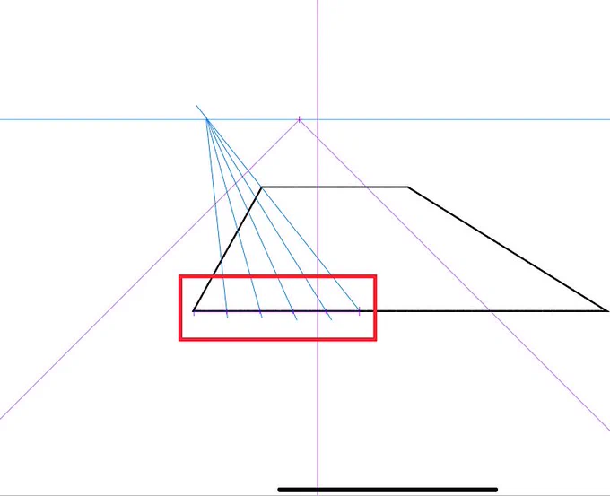 等分割直線定規は、等分割したいパース線の端に接してアイレベルと平行になっていれば、パース線のどちらに置いても大丈夫です。作業しやすい角度になる位置に置いてください
等分割直線定規の長さは適当でOKです 