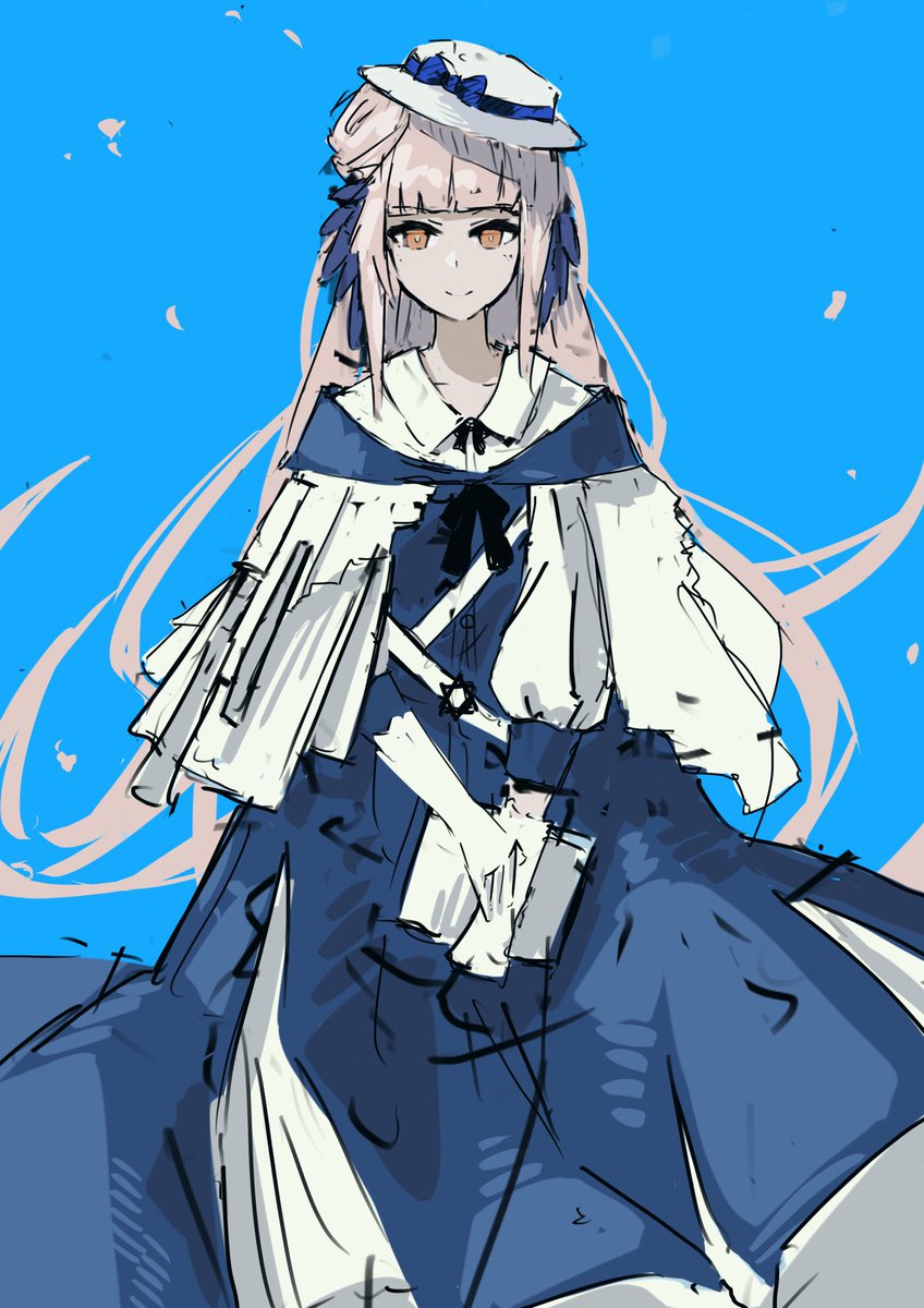 1girl solo blue background long hair dress white headwear hat  illustration images