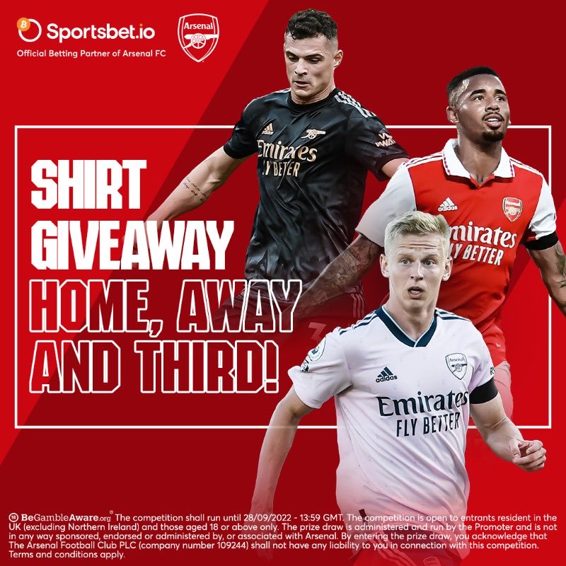 ArsenalEspanol's tweet photo. 🥳 ¡Sorteo de camiseta!

🎁 3 camisetas... 3 ganadores 🙌

✅ Todo lo que tienes que hacer es seguir a @Sportsbetio y @Arsenal y retuitear este tuit.

⏳ Los ganadores serán seleccionados al azar y anunciados por Sportsbet el 28 de septiembre a las 2 pm (Reino Unido) https://t.co/6nHU8qySUe