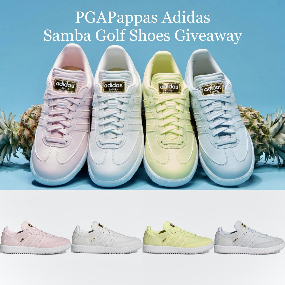🚨 PGAPappas Adidas Samba Golf Shoes GIVEAWAY 🚨 🔥 New 2022 Limited Edition Adidas Samba Golf Shoes (choose any size and pink, white, yellow, or blue color) 👀 To enter: ✅ Retweet ✅ Follow @PGAPappas and @adidasGolf