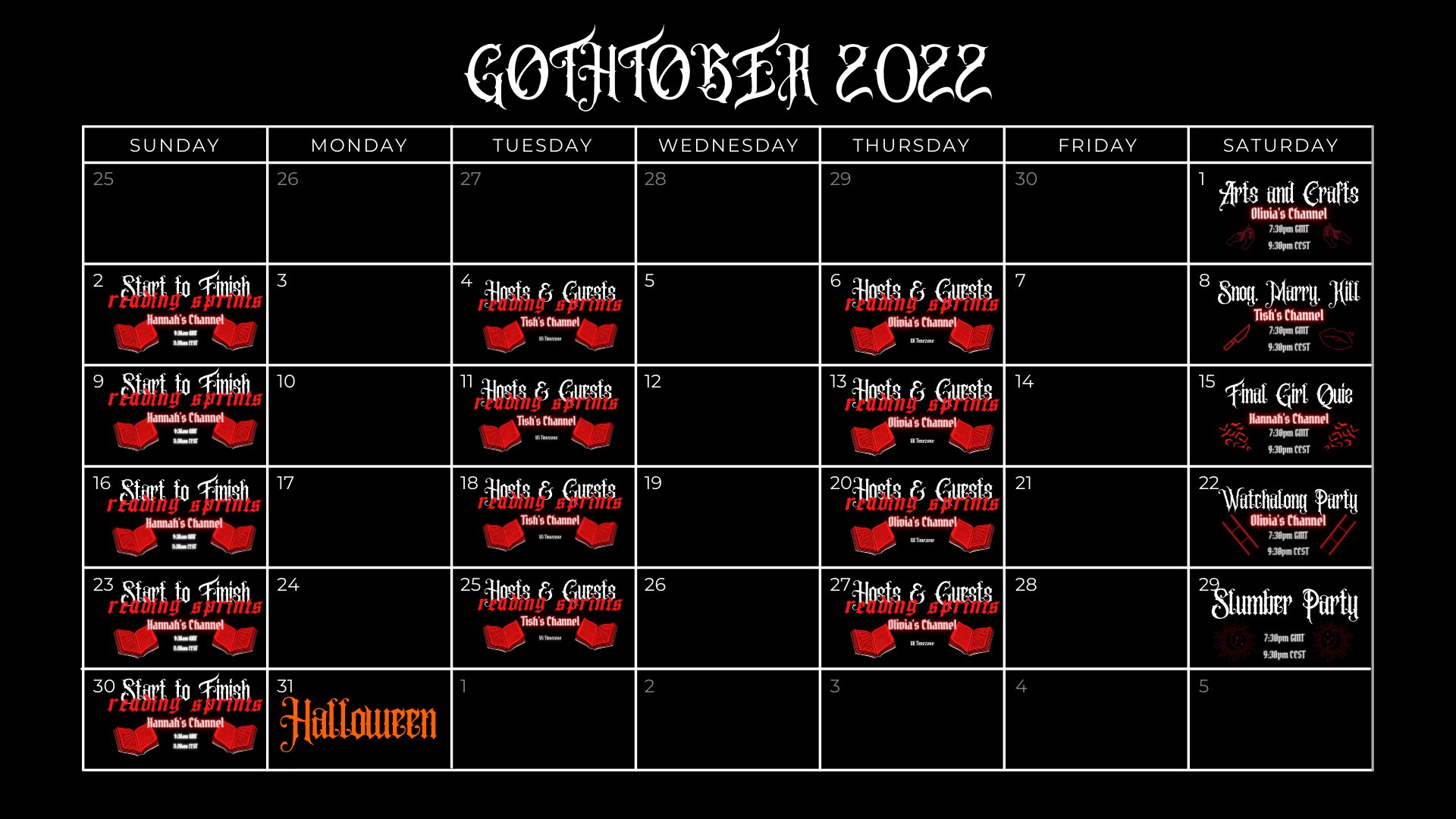 Gothtober Readathon 💀 on X: 📌 PINNED📌 🔥🔪 KEY THREAD FOR GOTHTOBER  2022🔪🔥 (Times may change depending on the hosts) t.coki3CxyJawY   X