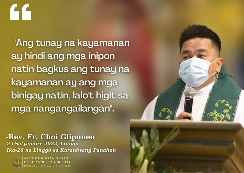 mbaspstanne's tweet photo. PAGNINILAY SA MABUTING BALITA
Ika-26 na Linggo sa Karaniwang Panahon
Setyembre 25, 2022
"Ang tunay na kayamanan ay hindi ang mga inipon natin bagkus ang tunay na kayamanan ay ang mga binigay natin, lalo't higit sa mga nangangailangan".
-Rev. Fr. Choi Gliponeo
#ASSA435 #MBASPSA https://t.co/Vi5C2UtXhU