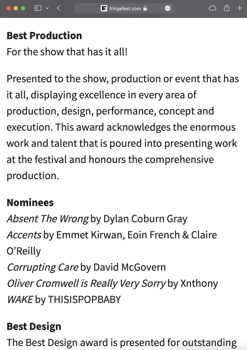 davidm_govern's tweet photo. so happy with the nom for best production — we’re in excellent company. means a lot for this queer, crip, sick show 💐
@dublinfringe https://t.co/88GorDVn4D