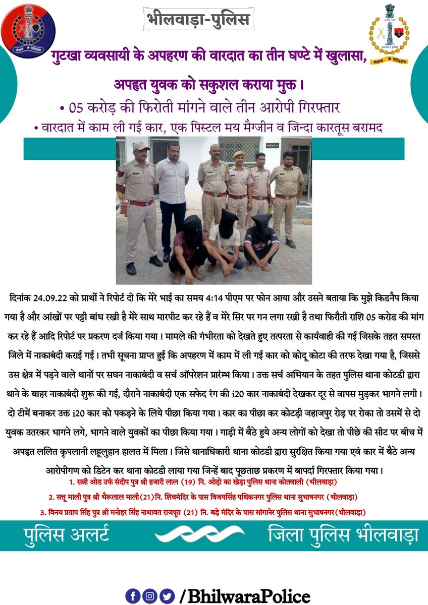 Bhilwara_Police's tweet photo. #BhilwaraPolice • गुटखा व्यवसायी के अपहरण की वारदात का तीन घण्टे में खुलासा, अपहृत युवक को सकुशल कराया मुक्त 
• 05 करोड़ की फिरोती मांगने वाले तीन आरोपी गिरफ्तार 
• वारदात में काम ली गई कार, एक पिस्टल मय मैग्जीन व जिन्दा कारतूस बरामद
@IgpAjmer @RajPoliceHelp @PoliceRajasthan https://t.co/vNErE0Jn5Z