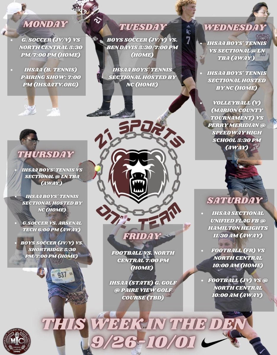 What’s going on this week in Athletics at LC? 🐻🔥#21SportsOneTeam <a href="/LCHSBears/">Lawrence Central</a> <a href="/ltgoodnews/">LT Schools</a> <a href="/belzerathletics/">Belzer Athletics</a>