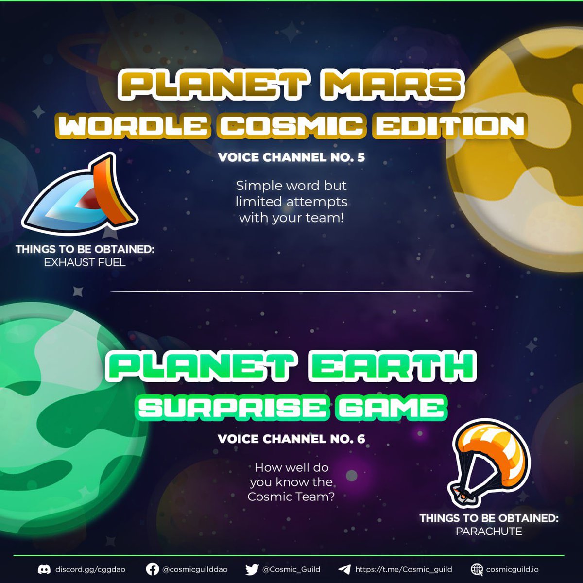 Due to unforeseen circumstances, Cosmic Guild decided to move 𝗖𝗢𝗦𝗠𝗢 𝗠𝗜𝗦𝗦𝗜𝗢𝗡 𝗼𝗻 𝗢𝗰𝘁𝗼𝗯𝗲𝗿 𝟮𝟯-𝟮𝟰! 🔥

𝗥𝗲𝗴𝗶𝘀𝘁𝗿𝗮𝘁𝗶𝗼𝗻 𝗽𝗲𝗿𝗶𝗼𝗱 𝗶𝘀 𝗲𝘅𝘁𝗲𝗻𝗱 𝘂𝗻𝘁𝗶𝗹 𝗢𝗰𝘁𝗼𝗯𝗲𝗿 𝟭𝟴! Form your team and register through forms.gle/Re9nCa11N4u1mf…