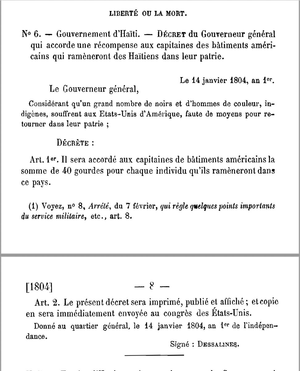 Yon ti moso listwa. 14 janvier 1804, nan yon dékrè, Dessalines lofri ninpot ki kapiten bato meriken 40 goud pou chak Nèg nwa ké yo ta menen an ayiti pou ede yo Soti anba mizè yap pasé otazini. <a href="/nouvelliste/">Le Nouvelliste</a> #haiti #dessalines #haitianhistory