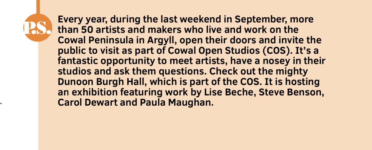 Mention of <a href="/CowalStudios/">Cowal Open Studios</a> &amp; <a href="/BurghHallDunoon/">Dunoon Burgh Hall</a>’s current exhibition in <a href="/JanPatience/">Jan Patience</a>’s column <a href="/Sunday_Post/">The Sunday Post</a>.
