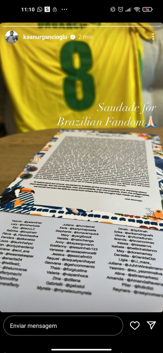 lovpinarr's tweet photo. I'm so happy that this gift that was planned with so much love here in Brazil finally arrived in your hands. We love and root for you so much! And seeing you reciting "Saudade" is so special 🥹❤️🇧🇷 @kaanurgancioglu https://t.co/5KcbPmiByF