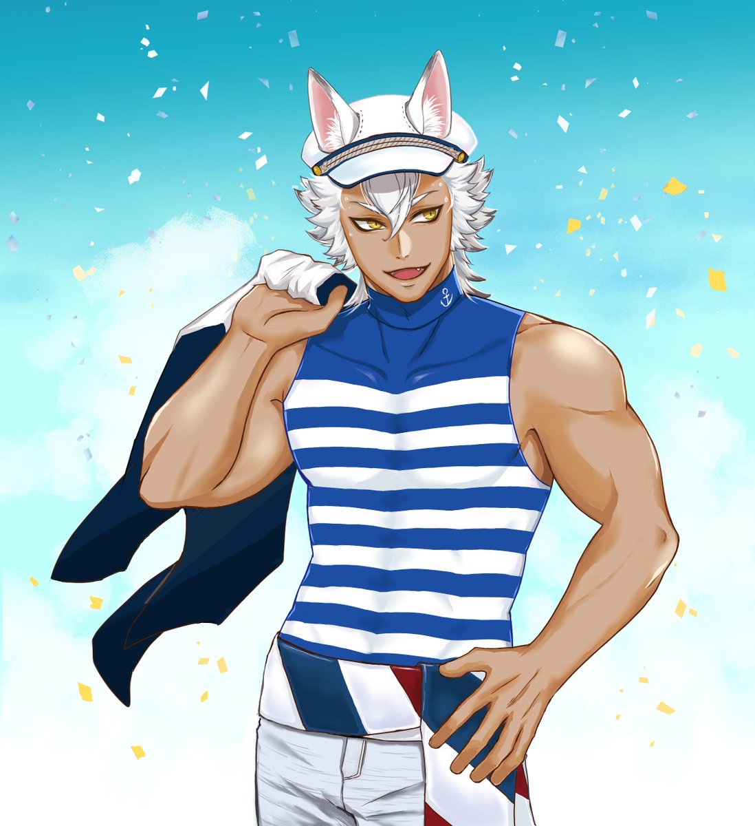 1boy male focus animal ears solo wolf ears white hair yellow eyes  illustration images