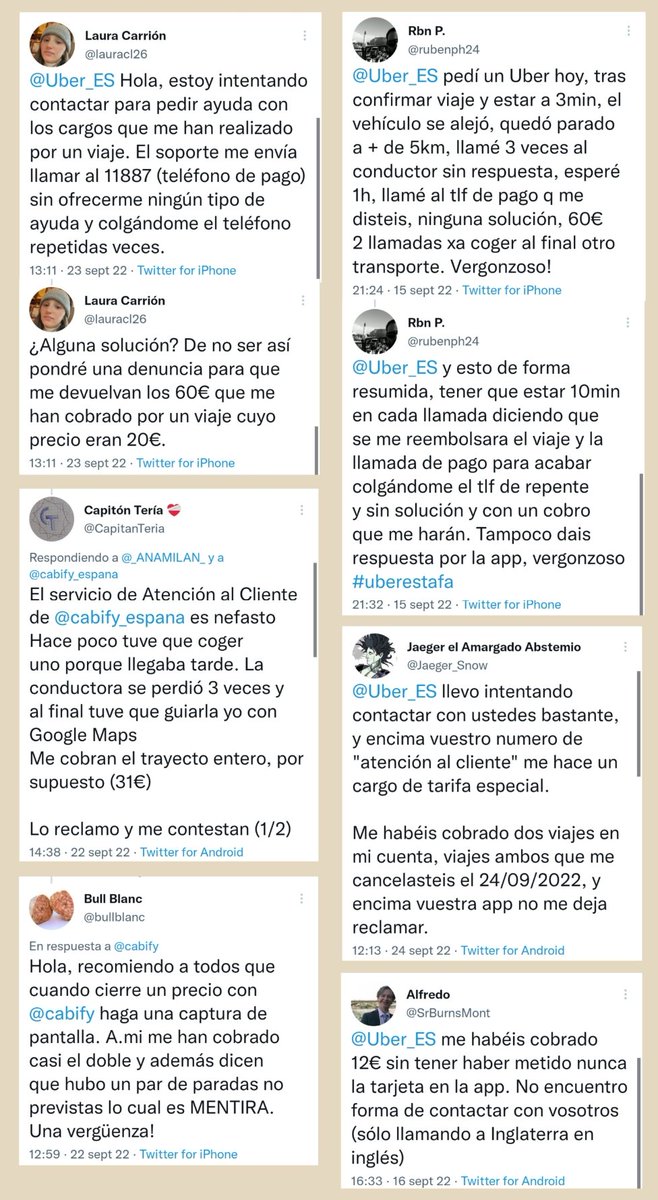 1.334 ESPECIAL COBROS #PORLACARA <a href="/consumogob/">Secretaría General de Consumo y Juego</a> <a href="/fiscal_es/">Fiscalía General</a> <a href="/DefensorPuebloE/">Defensor del Pueblo</a> @facua <a href="/consumorg/">Consumidores Org</a> <a href="/CECUconsumo/">CECU</a> <a href="/ADICAE/">ADICAE</a> <a href="/consumidores/">OCU</a> <a href="/eccspain/">Centro Europeo del Consumidor en España</a> 

CARGOS MÚLTIPLES, e incluso SIN VIAJES

PAGAR por #DesatenciónAlCliente

MÁS de lo pactado

#QuejasVTC #EstafaCabifyUber #Cabify #Uber #Bolt