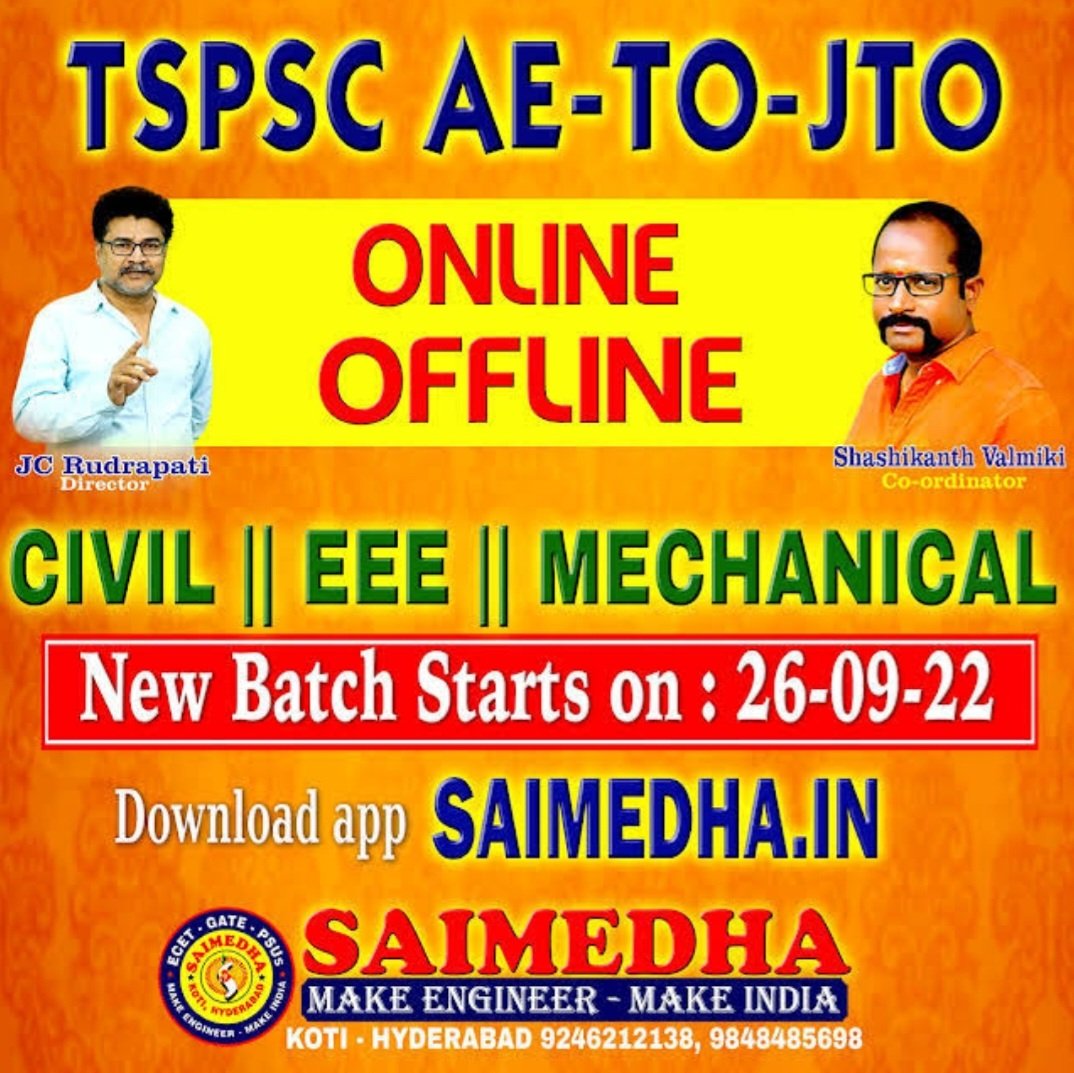SAIMEDHA KOTI on X: TSPSC - AE - TO - JTO #Coaching #Online #Offline By JC  RUDRAPATI sir and Team. New Batch Starts On 26-09-2022 Download   App From Google Play Store