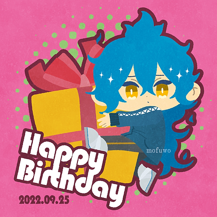 blue hair gift 1boy yellow eyes long hair chibi male focus  illustration images