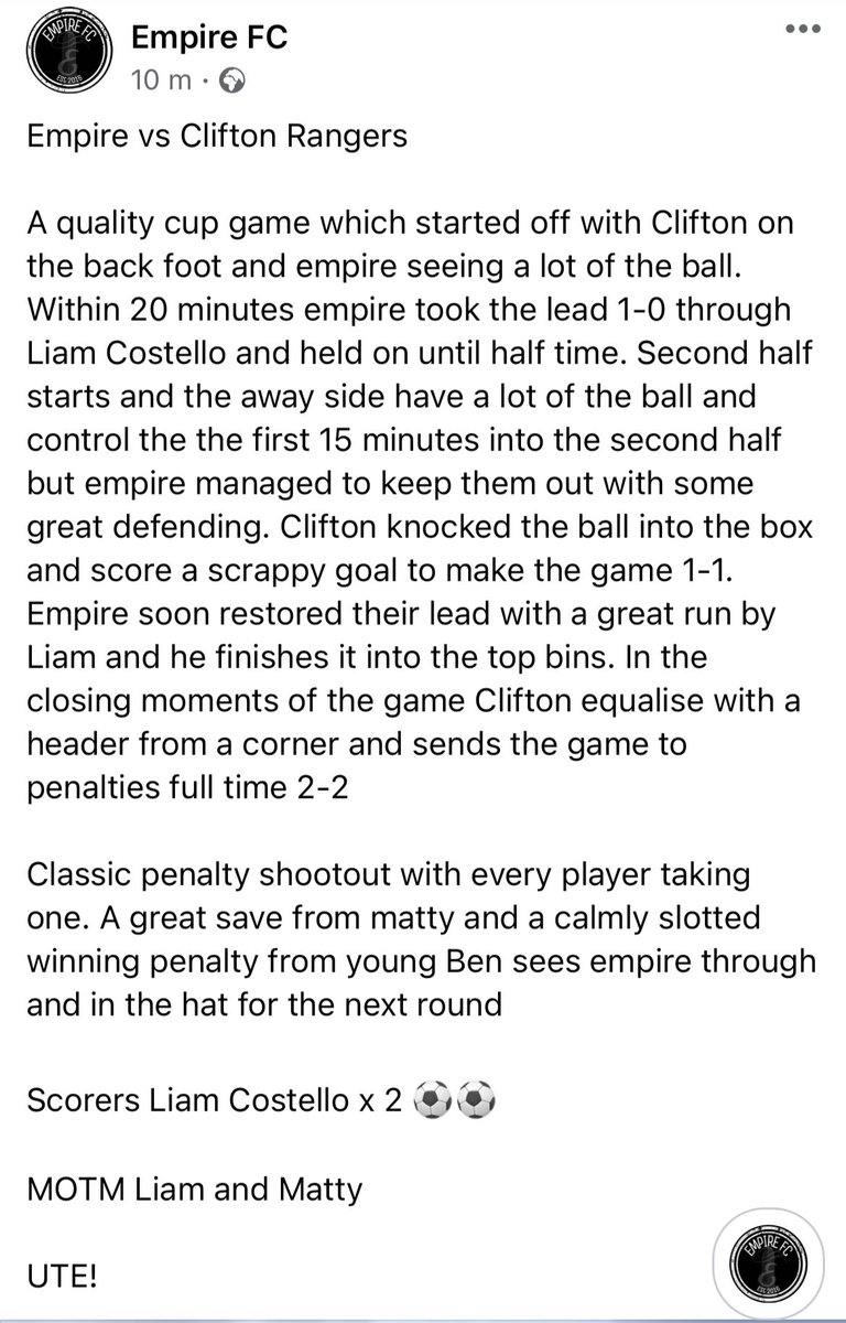 EmpireFC2016's tweet photo. Classic cup game today UTE ⚫️⚪️ https://t.co/hJ3CqZ7uaD