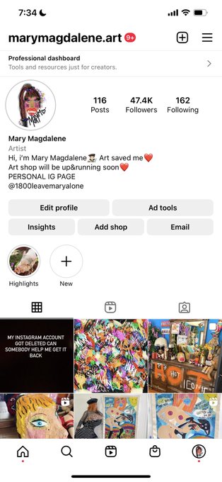 Hey you guys, my Instagram account got deleted. My only account is my art page https://t.co/FTyWeHkF