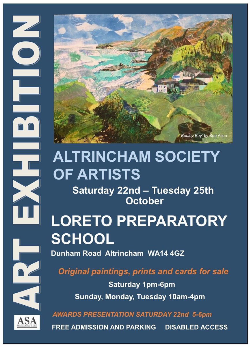 Coming soon! Starts Saturday October  22nd <a href="/AltyArt/">Altrincham Society</a> is back for its autumn exhibition at #LoretoPreparatorySchool A wonderful opportunity to see some amazing art at affordable prices, prints and cards too. DO come and take a look when you are in #Altrincham