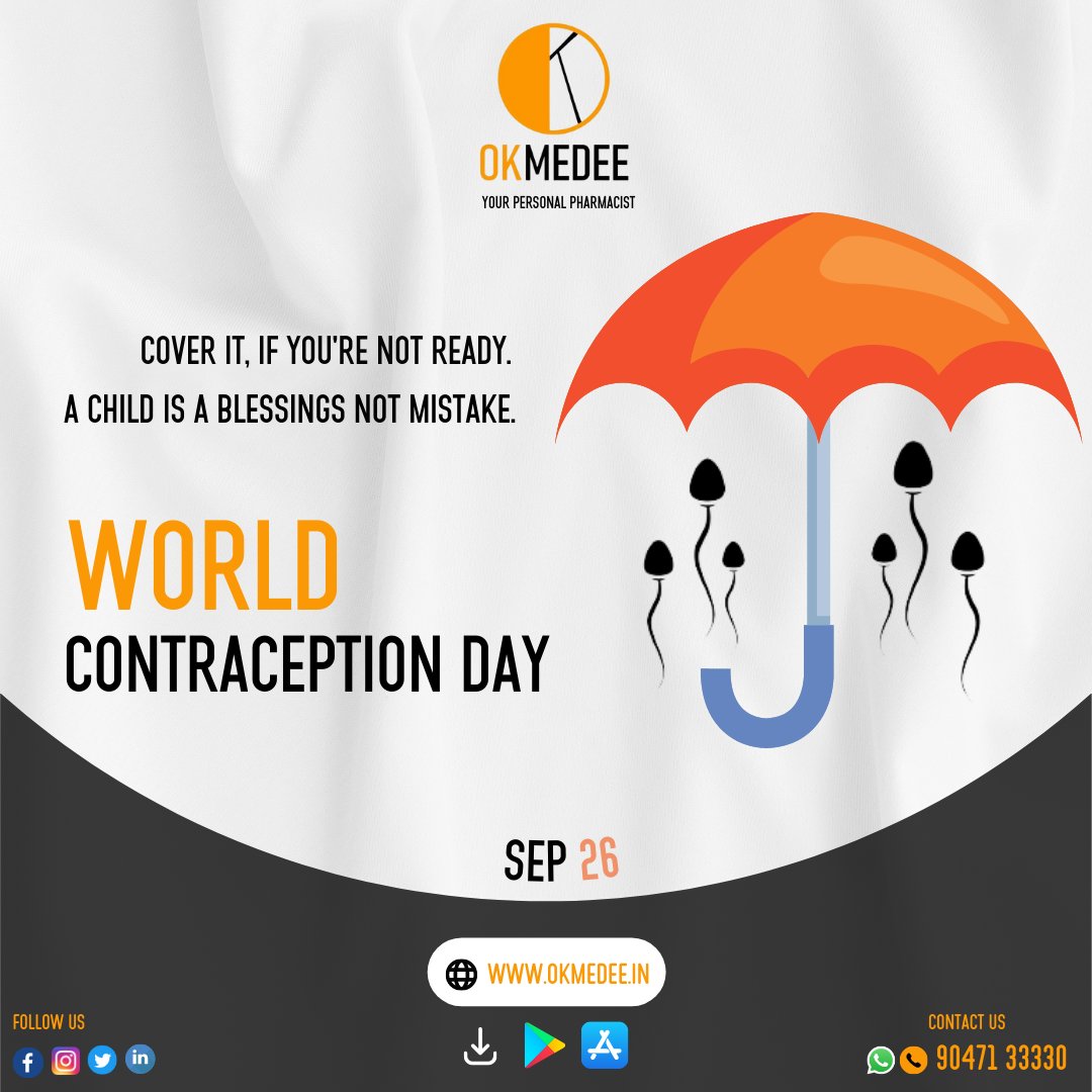 okmedee's tweet photo. Stay Healthy, Stay Safe, Stay Strong and avoid unnecessary stress of unwanted pregnancy by simply opting for contraception and thus, wishing everybody a Happy World Contraception Day!
#WorldContraceptionDay #worldcontraceptionday2022   #pharmacist  #okmedee #okmedeeofficia #India https://t.co/UTefuvP4h3