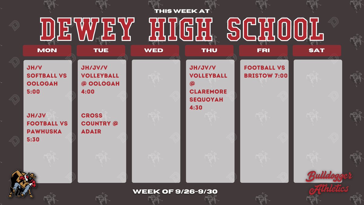 bbcoach55's tweet photo. High School and MIddle School Athletic Schedules for the week of September 26th - September 30th. #BulldoggerAthletics https://t.co/vxSLjjfPLZ