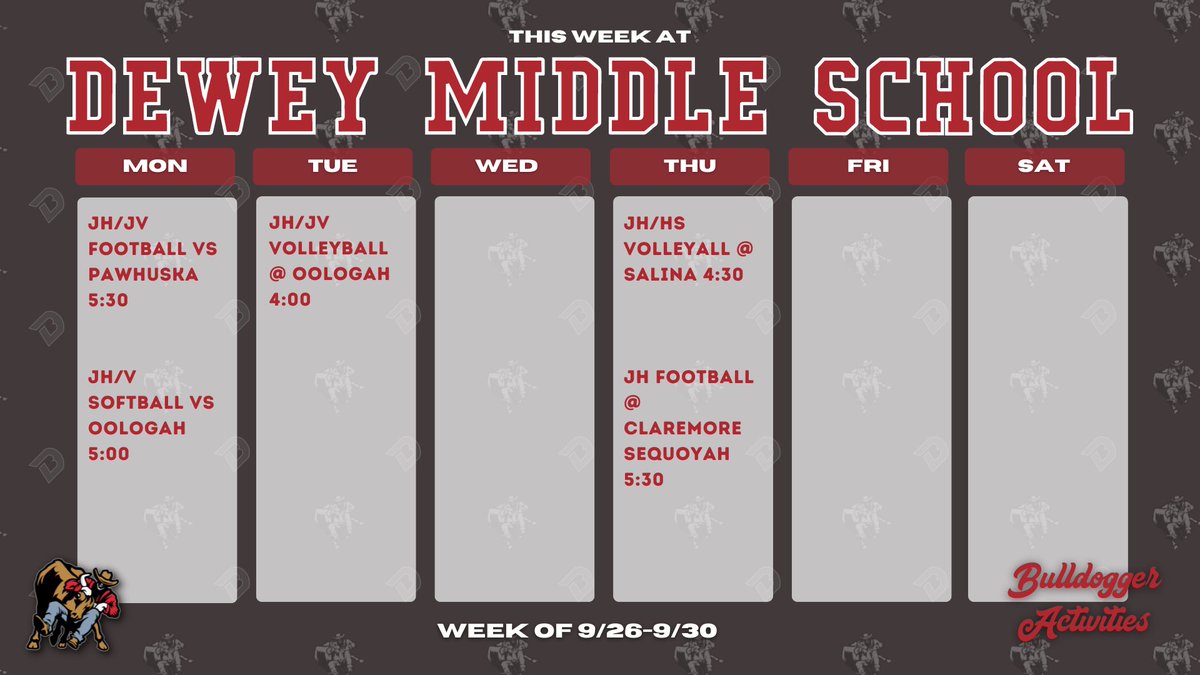 High School and MIddle School Athletic Schedules for the week of September 26th - September 30th. #BulldoggerAthletics