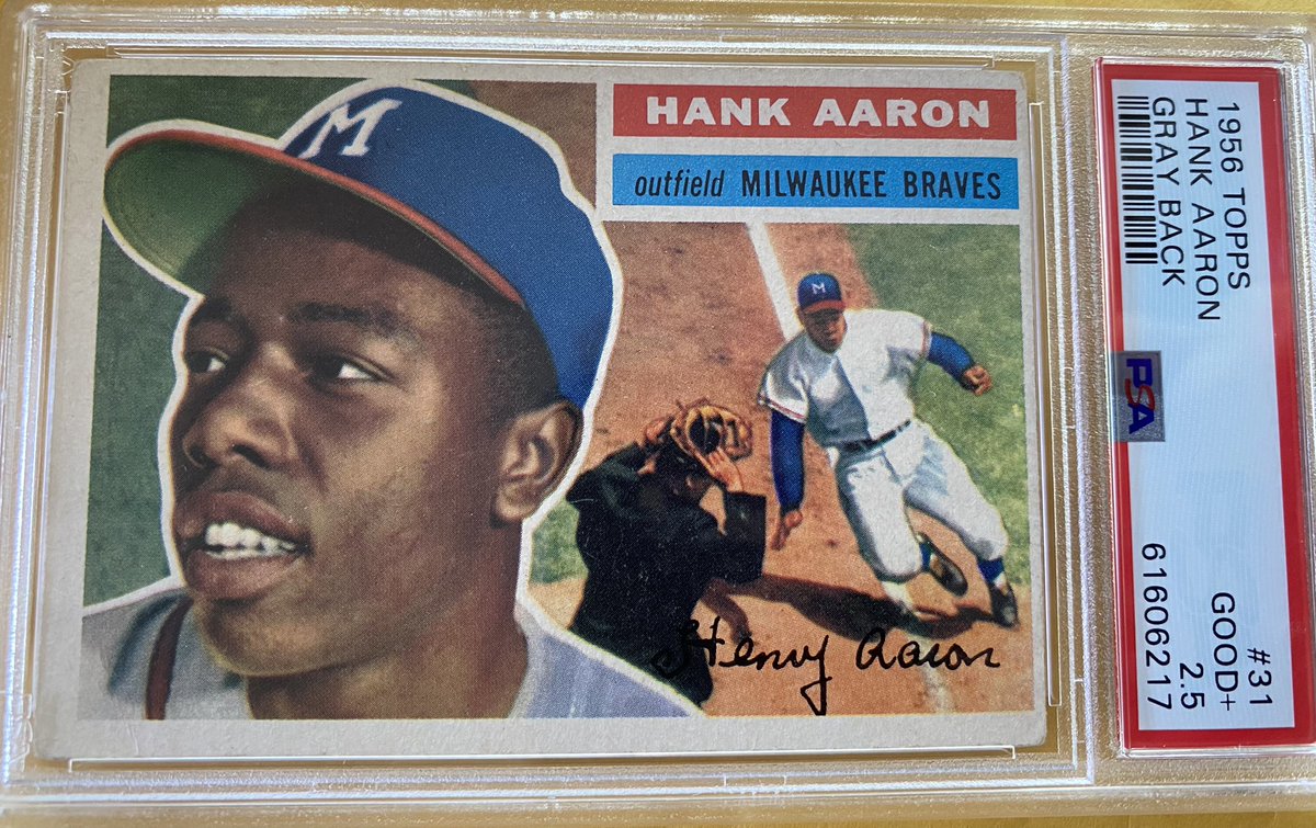 1956 Topps Gray Back Hank Aaron PSA 2.5. #hankaaron #topps #vintagetopps #thehobby #baseballcards @PSAcard