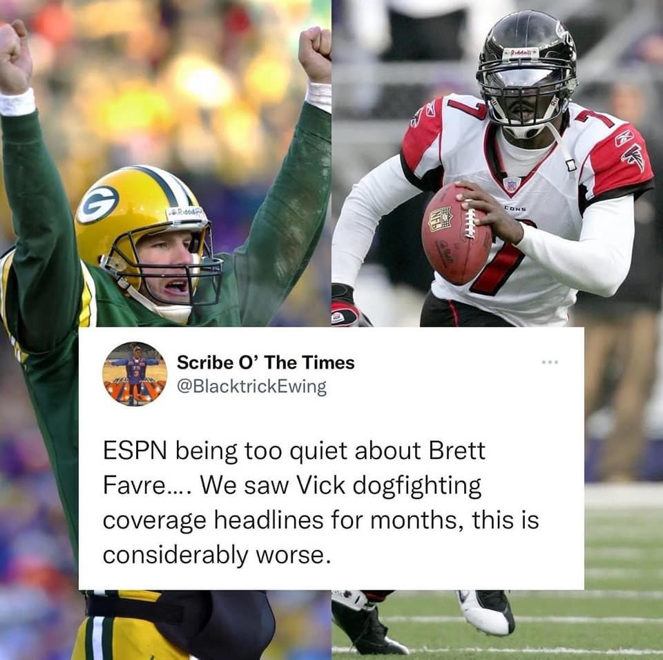 PeteRock's tweet photo. Of course they are but ESPN blasted Mike Vick. You turn on ESPN thats all you saw lol. Brett didnt get coverage like that and what he did was worst than what vick did. At least thats how i feel about it 🤷🏾‍♂️💯 https://t.co/NSWo7mobTy