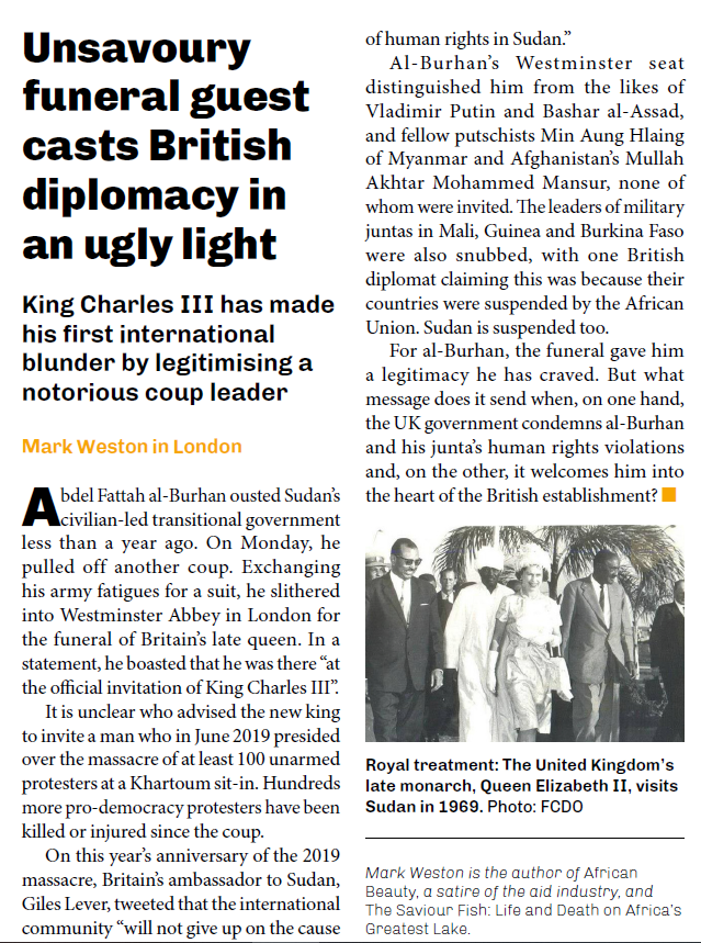 markweston19's tweet photo. I have a short piece in this week's @thecontinent_ on Sudan junta leader Burhan's invitation to Queen Elizabeth's funeral #SudanCoup https://t.co/4DarfPMIWJ