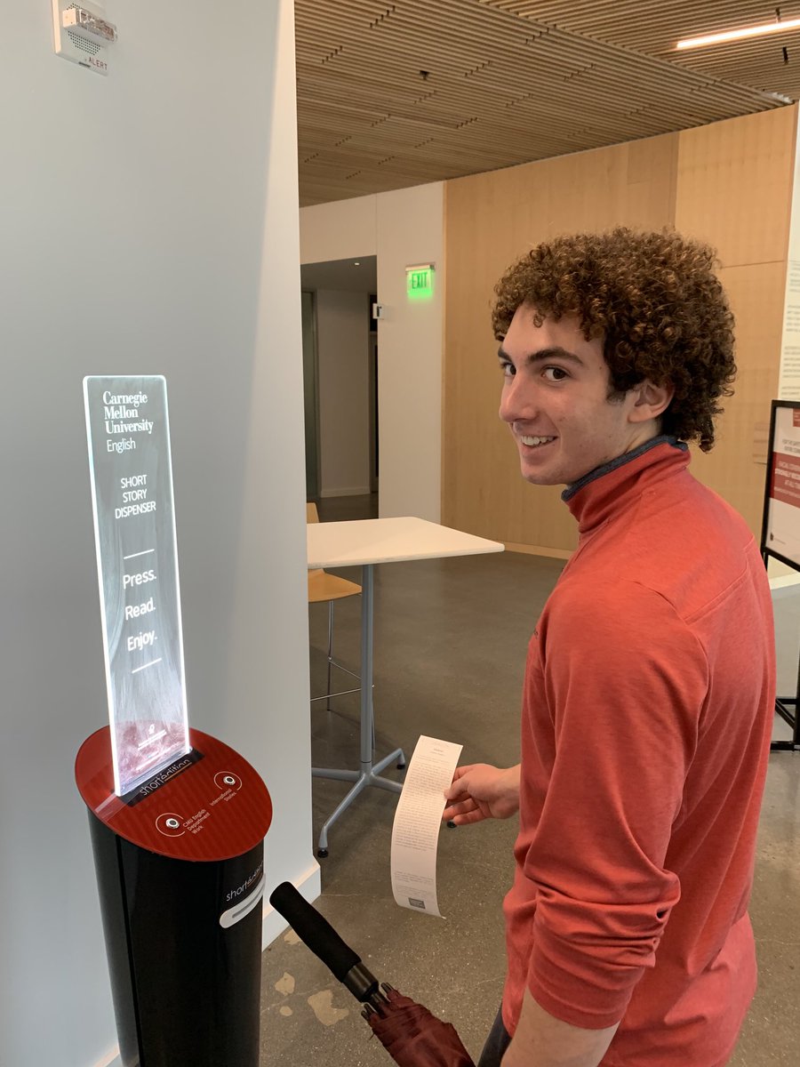 drmoulthrop's tweet photo. Just when we thought we couldn’t fall any harder for ⁦@CarnegieMellon⁩, we discovered a short story dispenser! Digging this campus visit and trip to Pittsburgh. https://t.co/rax0WmnT7x