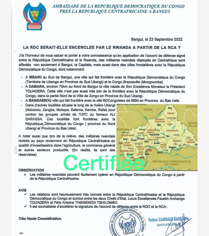 #Urgent. La RDC encerclée par le Rwanda à partir de la RCA? selon cette note verbale de l'ambassadeur de la RDC près la République Centrafricaine. <a href="/fatshi13/">Félix A. Tshisekedi</a> <a href="/LukondeSama/">Sama Lukonde</a> <a href="/PLukwebo/">Modeste Bahati Lukwebo</a>