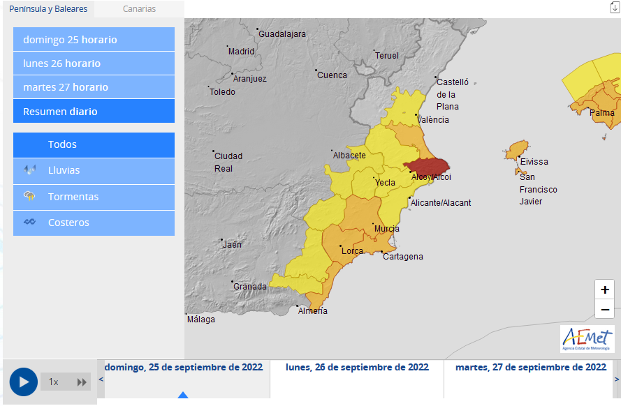 AEMET_Esp's tweet photo. ⚠️Aviso rojo en el litoral norte de #Alicante por precipitación muy intensa y persistente: se han recogido 193 l/m² en Pego en menos de 12 horas. Se espera que siga lloviendo con gran intensidad, especialmente desde últimas horas de la tarde. 
¡El peligro es extremo!¡Precaución! https://t.co/S79odzmxnW