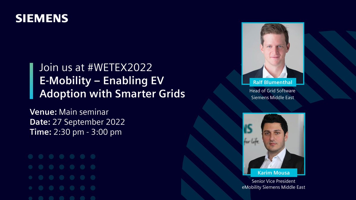 siemens_me's tweet photo. ⚡Tap into the future of #eMobility and explore how we are enabling EV adoption with smarter grids along with our experts Karim Mousa &amp; Ralph Blumenthal. Register now: https://t.co/EDzNZdz3Iv #WETEX2022 https://t.co/yHVA9d11Qp
