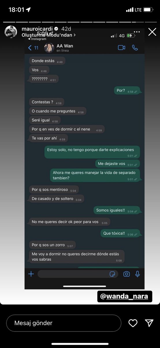 Icardi: ”Ben yalnızım ve artık sana verecek hesabım yok. Beni sen terk ettin ve şimdi ayrılmamıza rağmen hayatımı yönetmek mi istiyorsun?”
Wanda: “Çünkü sen bir yalancısın. Evli olsan da yalnız olsanda.”
Icardi: “Öyleyse aynıyız!”