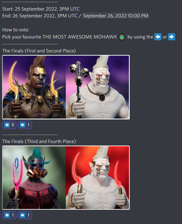The Finals of Battle of the Heroes The most awesome Mohawk @ChainsofWarNFT Cast your vote and pick the winners, it ends in 24 hours! #chainsofwar #cnft #tournament #nft #p2e