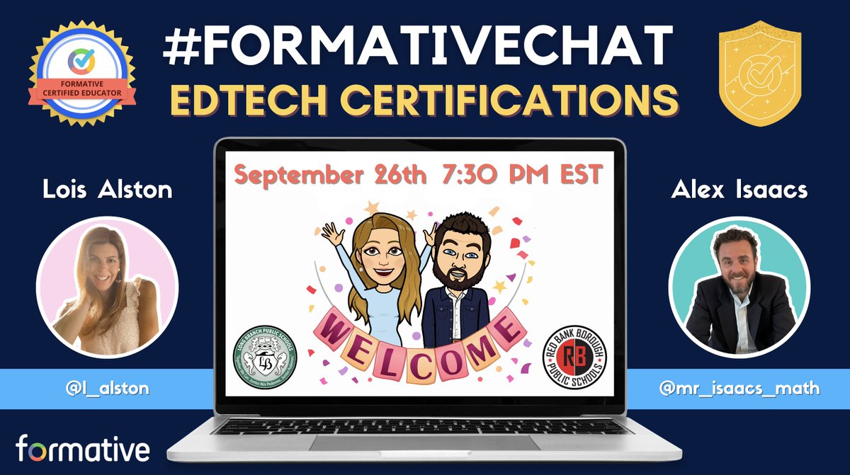 mr_isaacs_math's tweet photo. ✅ @l_alston & I are hosting #FormativeChat & we are so 🥳 for this opportunity! We hope friends in our #PLN will join us to talk all things #edtech certs 🏅 + PD on 9/26 @ 7:30 PM EST. Q's ⬇️!
#RBBisBIA #LBTogetherWeCan #MondayThoughts #edchat #teachertwitter #certified #LoLex https://t.co/22YLpDP62x