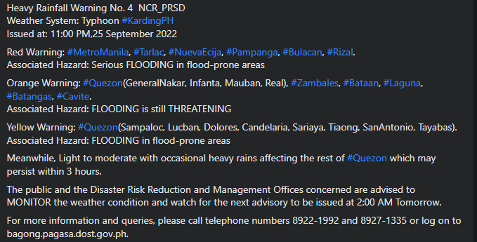 dost_pagasa's tweet photo. Heavy Rainfall Warning No. 4  NCR_PRSD
Weather System: Typhoon #KardingPH
Issued at: 11:00 PM,25 September 2022 https://t.co/Nb5Eou2AtS