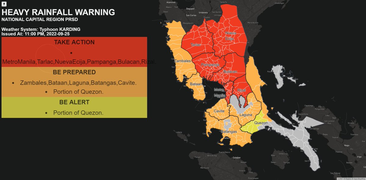 dost_pagasa's tweet photo. Heavy Rainfall Warning No. 4  NCR_PRSD
Weather System: Typhoon #KardingPH
Issued at: 11:00 PM,25 September 2022 https://t.co/Nb5Eou2AtS