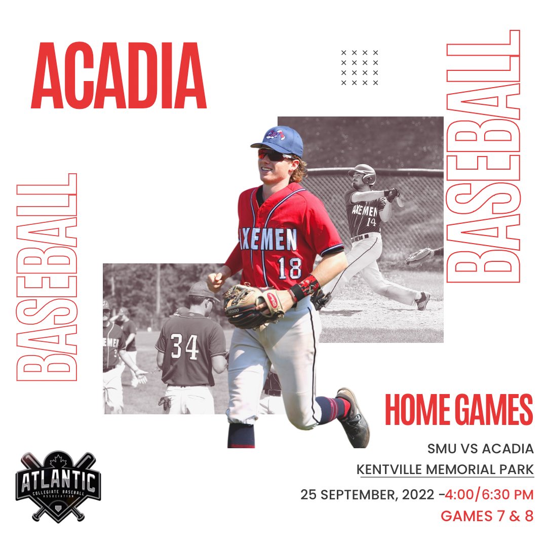 After some delays from Hurricane Fiona, the Axemen are set to take on SMU at Kentville Memorial!

Game times will be at 4:00 and 6:30pm!

#grit #GoAcadiaGo