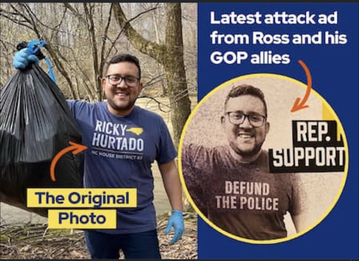 Look at this - it’s a comically dishonest political attack in NC.

Rep. Ricky Hurtado had his picture taken while picking up trash in his district.

His GOP opponent **photoshopped it** and is sending it as a mailer to attack him. 

 Let’s make sure this backfires.