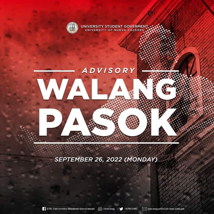 USGUNC's tweet photo. WALANG PASOK | Typhoon Advisory

Work and classes in all level are suspended tomorrow, September 26, 2022. Due to the weather disturbance posed by the Typhoon KARDING, heavy rains may be experienced.

Stay safe, UNCeans! 

#WalangPasokUNCeans
#AlwaysfortheGreaterGood

🎨 Miguel https://t.co/gXLQO5gfVv