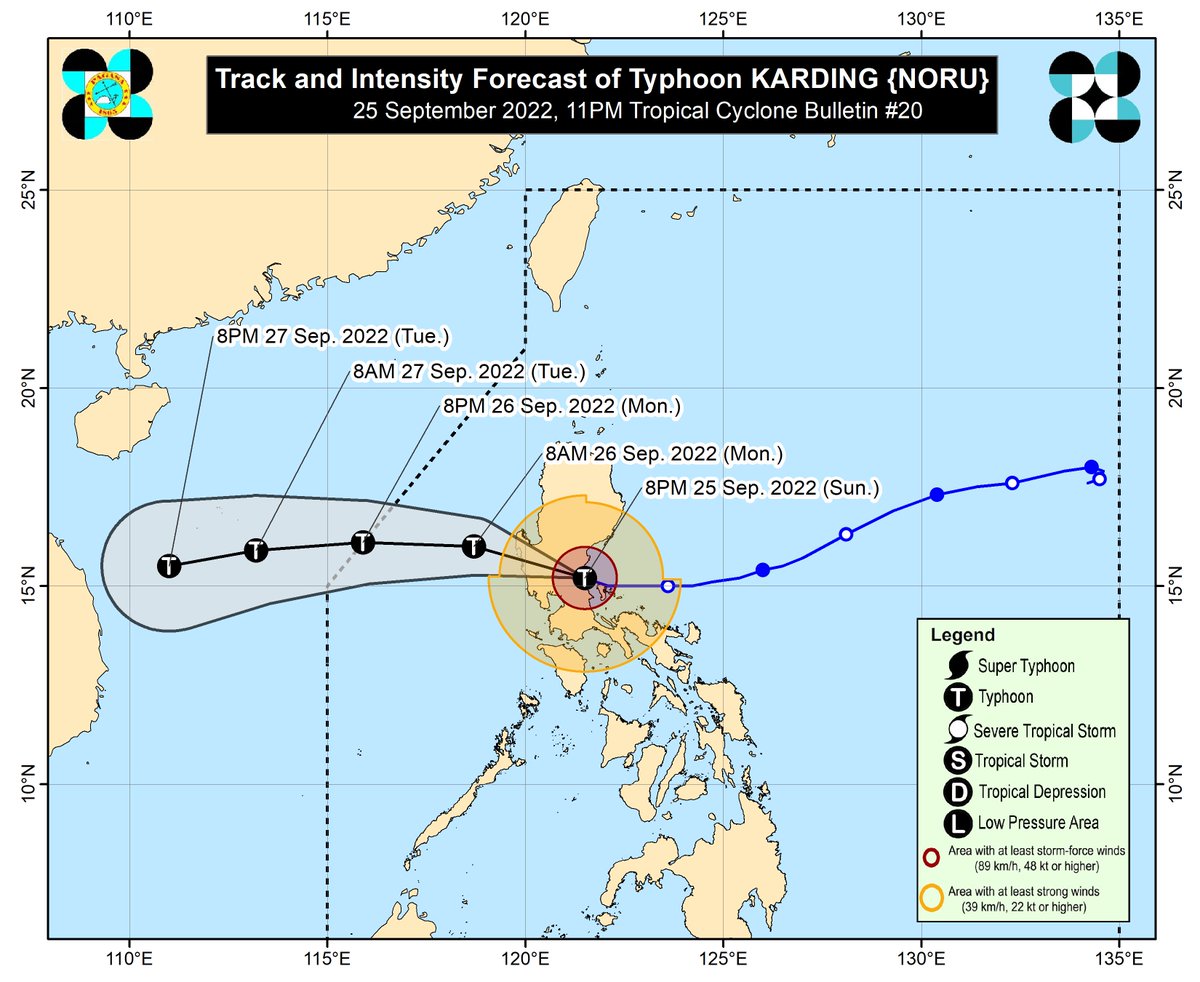 dost_pagasa's tweet photo. TROPICAL CYCLONE BULLETIN NO. 20
Typhoon "#KardingPH" (NORU)
Issued at 11:00 PM, 25 September 2022 
Valid for broadcast until the next bulletin at 2:00 AM tomorrow

“KARDING” MAKES LANDFALL IN DINGALAN, AURORA AS A TYPHOON AND IS NOW IN THE VICINITY OF NUEVA ECIJA https://t.co/wj0avmRSQg