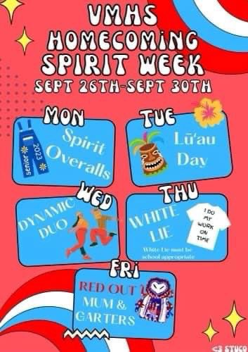 VMHSEagles's tweet photo. Homecoming Week Dress up days! Parade and Lighting of the Star Monday. #HoCo2022 https://t.co/vvPXTG3C6O