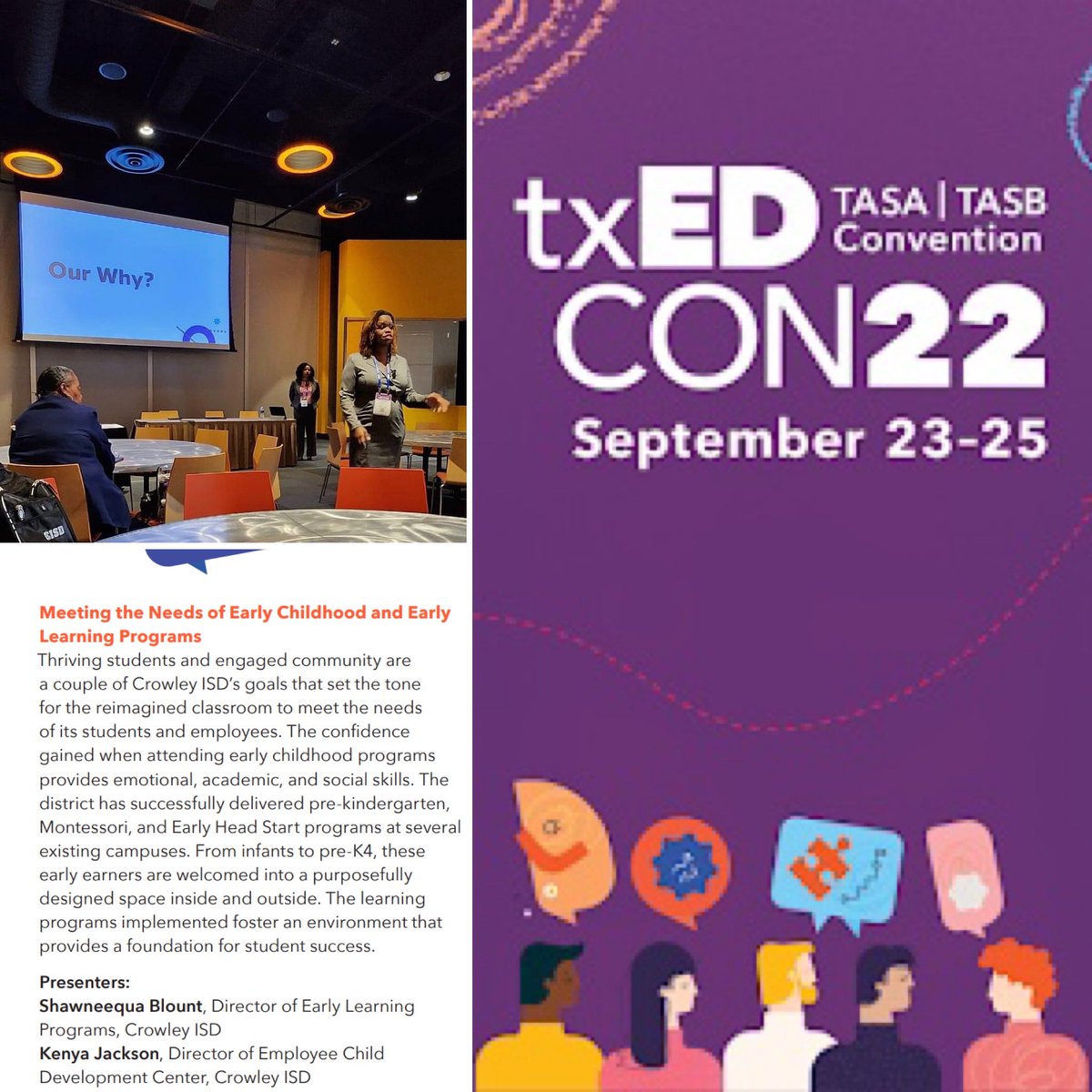 CISD_HCM's tweet photo. CISD Child Development Center staff was chosen to share our journey at this yearโs TASA/TASB @TXEdConference
Did you know @CrowleyISD employees have access to quality childcare right in our school buildings? Itโs just one of the many perks of CISD #actlikeafamily #worklikeateam https://t.co/W11ehMFwxJ
