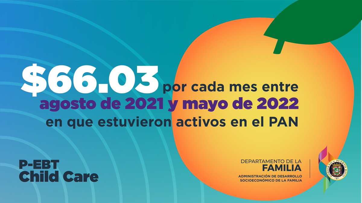 SomosFamiliaPR's tweet photo. 🚨Mañana lunes comienzan los desembolsos de P-EBT Child Care para niños menores de 5 años participantes del PAN. https://t.co/GofNspylAJ