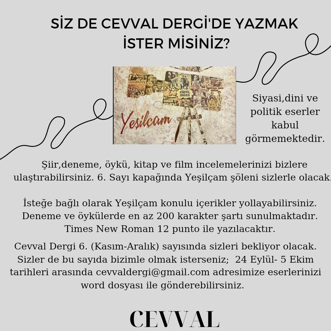 cevvaldergi's tweet photo. YEŞİLÇAM ŞÖLENİNE HAZIR MISINIZ?
Cevval Dergi 24 Eylül- 5 Ekim tarihleri arasında yazılarınızı bekliyor ✨
#CevvaldeUmutVar #CevvalDergi https://t.co/P18btofVec